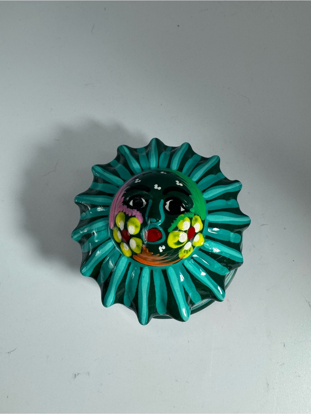 Mexican Hand-Painted Turquoise Sun Trinket Box- Vibrant Decorative Accent